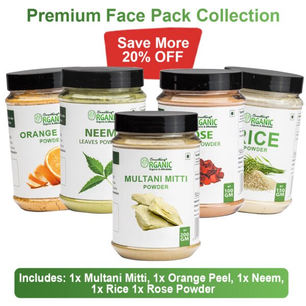 Pack of 5 Orange Peel Powder + Neem Powder + Rose Powder + Multani Mitti + Rice Powder – Natural Skin Care Blend for Radiant, Clear Skin Jar