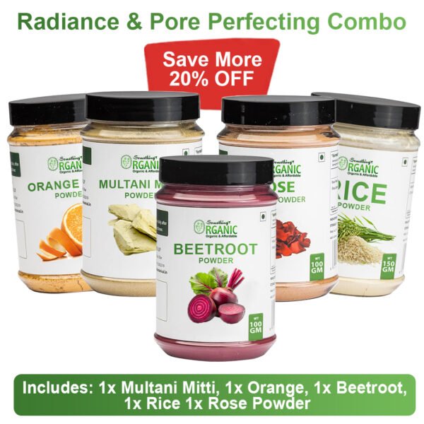 Pack of 5 200GM- Multani Mitti + 150GM- Rice Powder & 100GM- Orange Peel Powder + Rose Powder + Beetroot Powder – Natural Face Pack for Glow & Brightening Jar