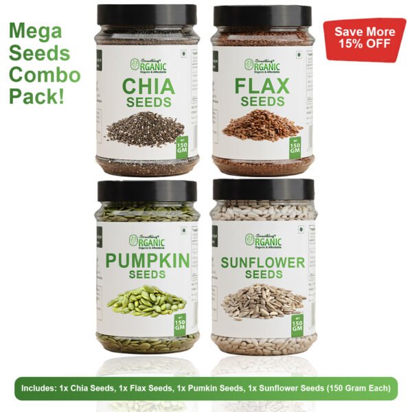 Bundle Of 4 150GM- Green Pumpkin Seeds Without Shell | Sunflower Seeds Without Shell | Flexseeds | Chia Seeds Jar
