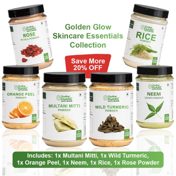 Pack of 6 –200GM - Multani Mitti + 150GM Rice Powder & 100GM Orange Peel + Rose + Neem + Wild Turmeric Powder | Herbal Ubtan Face Pack for Glow & Acne Care Jar